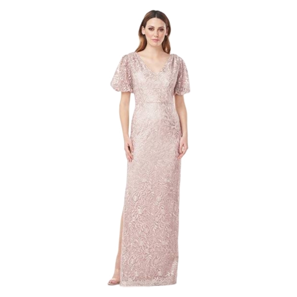Js Collections V-Neck Column Gown in Mauve Capped Shoulder in Lace Size 6 Nwt